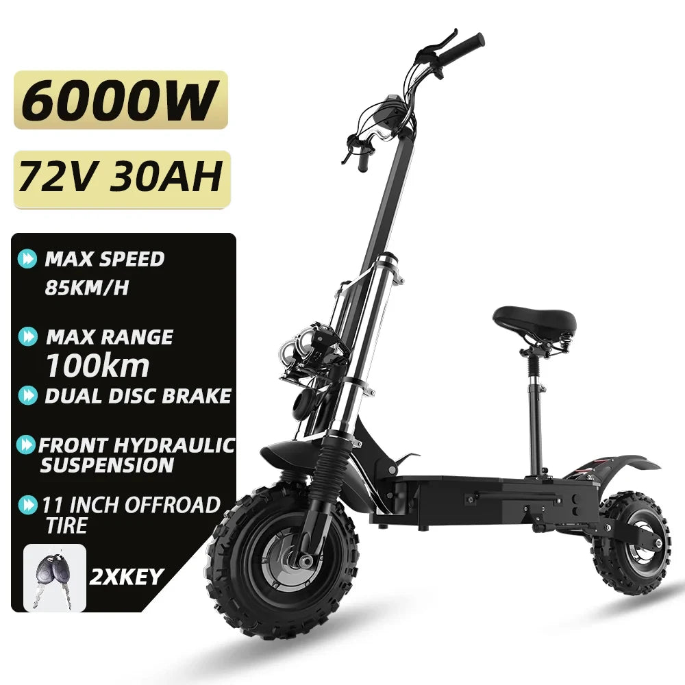 Powerful Electric Scooter Seat 85KM/H Max Speed 6000W MAX E Scooter 11" Off Road Tire Scooter Electric Adult EU USA CA Stock