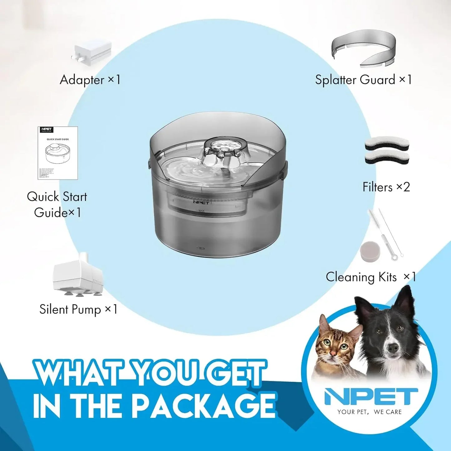NPET Dog Water Fountain 2 Gallon Large Automatic Dog Water Dispenser with Splatter Guard for Large Dogs and Multiple Pets