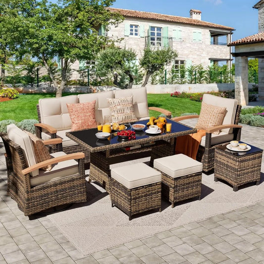 7 Pieces Patio Furniture Sets, Outdoor Rattan Furniture Conversation Sets with 2 Wood Armrests Swivel Rocker Chairs, 3-seat Sofa