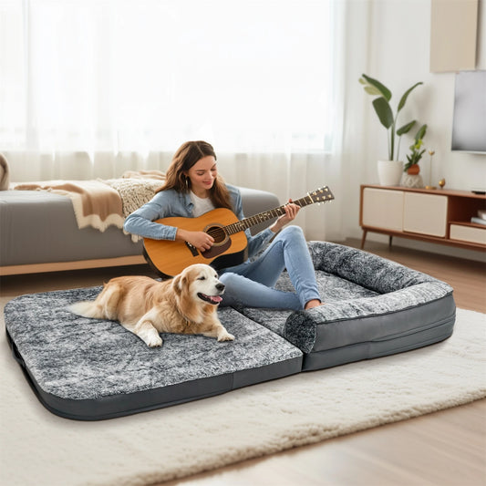180cm Long Dog Bed for Adults and Pets Foldable Calming Plush Cover Orthopedic Sponge Base